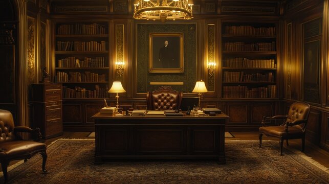 Luxurious Old Library Study Room with Desk, Bookshelves, and Armchairs - Vintage Grandeur