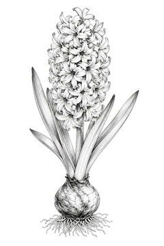 Hyacinth Flower Botanical Line Art with Bulb and Roots