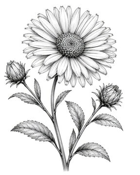 Daisy Botanical Engraving with Flower Buds and Leaves