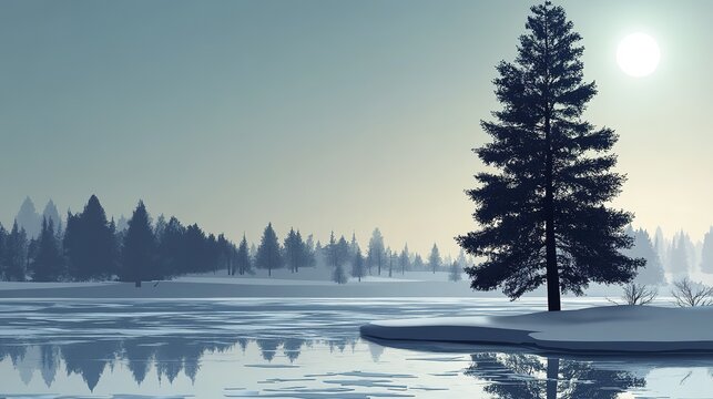 Serene winter landscape with pine trees by a snow-covered lake at sunset