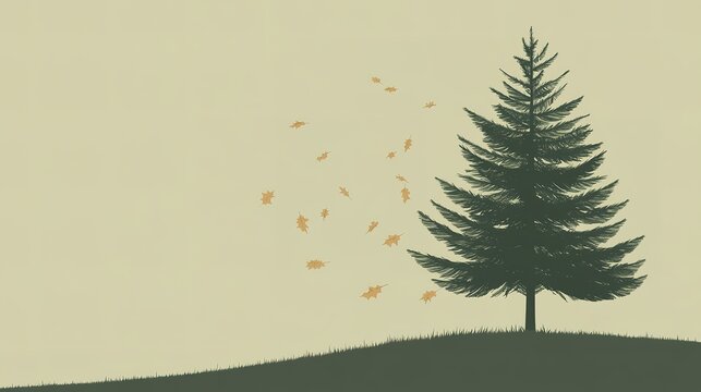 Lone pine tree on hill with falling autumn leaves in minimalist landscape