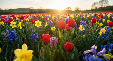 Obraz premium Colorful Tulip Field in Spring Park with Pink, Red, Yellow, Purple, and Orange Flowers Blooming Among Lush Green Grass