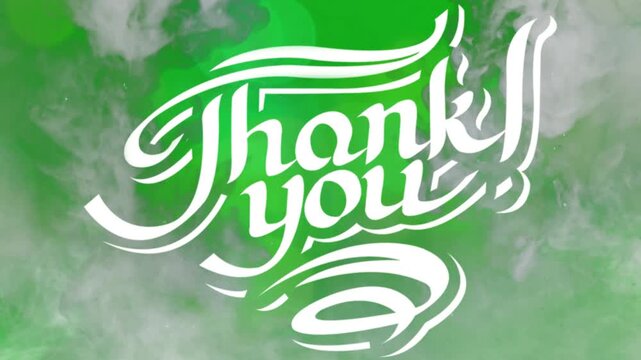 Elegant thank you calligraphy text animation over green smoke with bright lens flare light effect with animation floating against smoke brilliant flashing