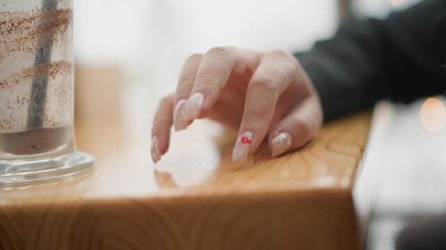 Close-up view of decorated long fingernails reaching across wooden table toward smartphone in warm cafe light, fingers slightly curled with subtle motion blur and soft background bokeh
