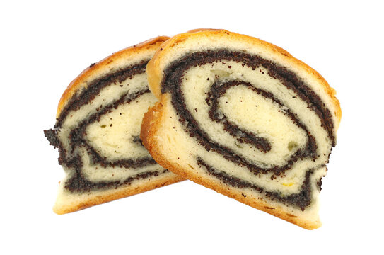 Homemade poppy seed strudel, cake isolated on white background, top view