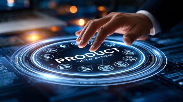 Professional hand shown touching a glowing virtual circle with new product development text and process icons on a bright clean digital background close up composition bright