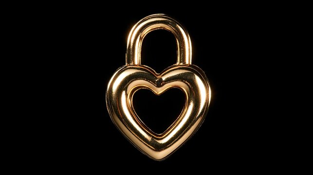 Shiny gold heart-shaped padlock, open at the center, on black