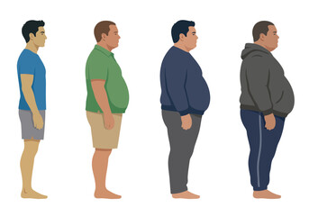 Fototapeta premium Illustrates body mass index categories with diverse male figures. Clear, informative graphic showcasing weight ranges and BMI levels. Professional, educational design.