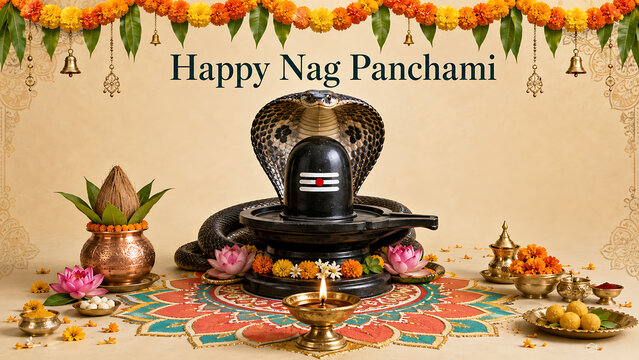 Beautiful decorative setup with colorful floral mandala art and sweet offerings celebrating nag panchami festival honoring holy shiv lingam mahadev lit lamp