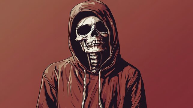 Hooded skeleton in hoodie on maroon background art