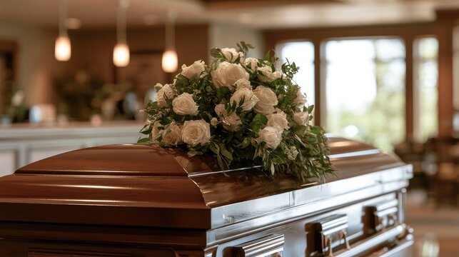 A polished wooden casket adorned with a lush bouquet of white roses
