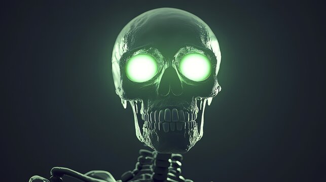 Glowing skull with green eyes in dark atmosphere