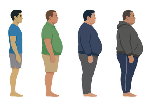 Illustrates body mass index categories with diverse male figures. Clear, informative graphic showcasing weight ranges and BMI levels. Professional, educational design.