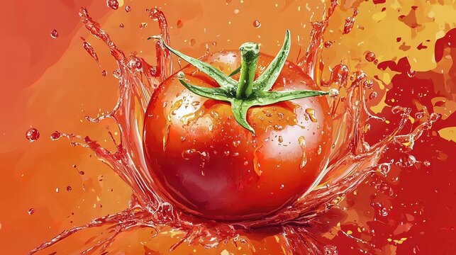 Vibrant tomato splash with dynamic water droplets on red-orange background