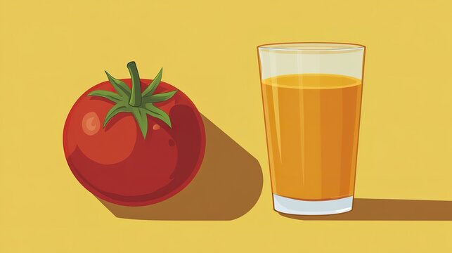 Fresh red tomato and glass of orange juice on bright yellow background