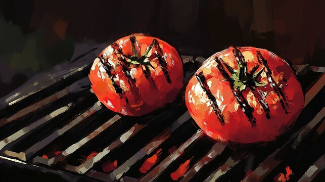 Grilled red tomatoes on a barbecue grill with char marks
