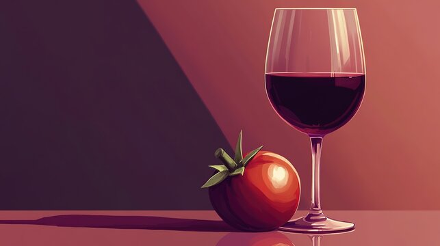 Glass of red wine with tomato on table in warm lighting