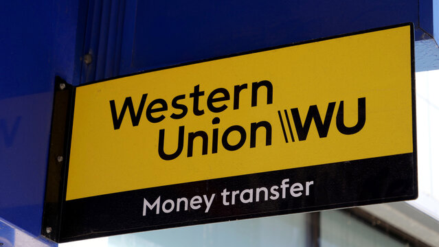 Coventry, England, UK - 20 July 2026: Western Union, sign, money, transfer, financial services storefront logo