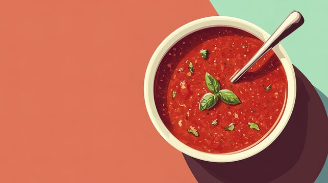 Tomato soup bowl with basil and spoon on colorful background