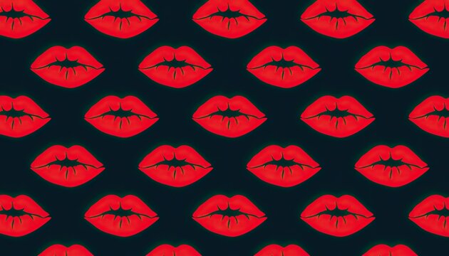 A repeating pattern of shiny, bold red lips on a dark background