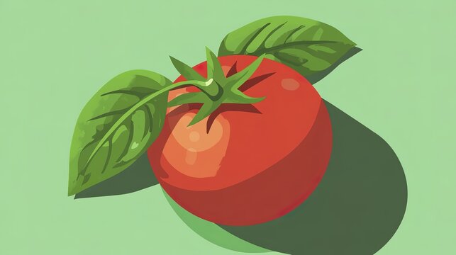 Vibrant red tomato with green leaves on light green background