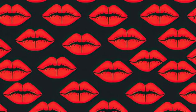 A repeating pattern of bright red, glossy lips against a dark background