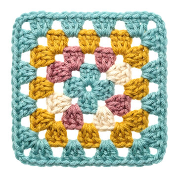Handmade Crochet Granny Square Motif in Teal Yellow Pink Cream Colors isolated on transparent background