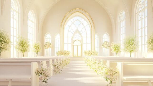 Elegant sunlit wedding chapel interior with white floral decorations