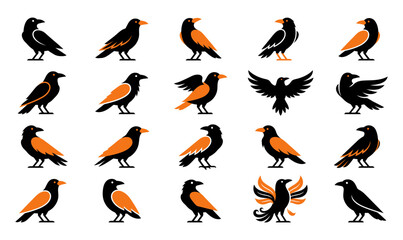 Obraz premium A collection of stylized black and orange crow icons showing various poses and silhouettes for graphic design projects and creative branding elements