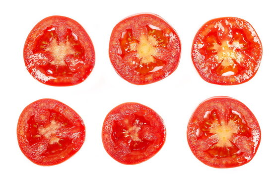 Set, fresh red tomato slices isolated on white background, top view