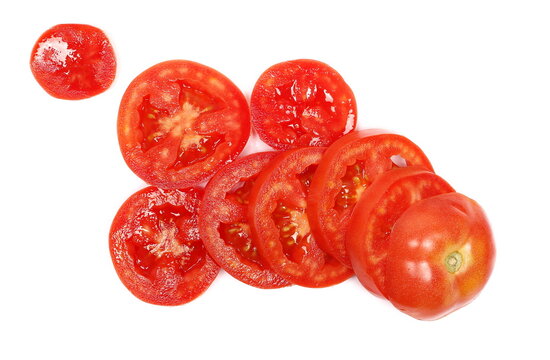 Fresh red tomato slices isolated on white background, top view