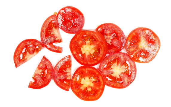 Fresh red tomato slices isolated on white background, top view