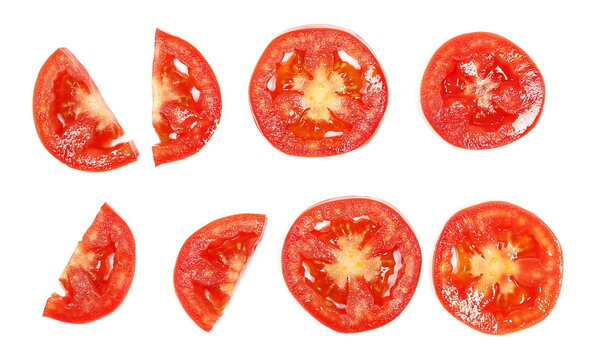 Set, fresh red tomato slices isolated on white background, top view