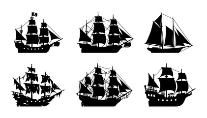 70 Vintage Sailing Ship Silhouettes, Set of 6 Nautical Vessels, Classic Maritime Adventure Icons, Black Vector Illustrations for Design 100 © Sarmin