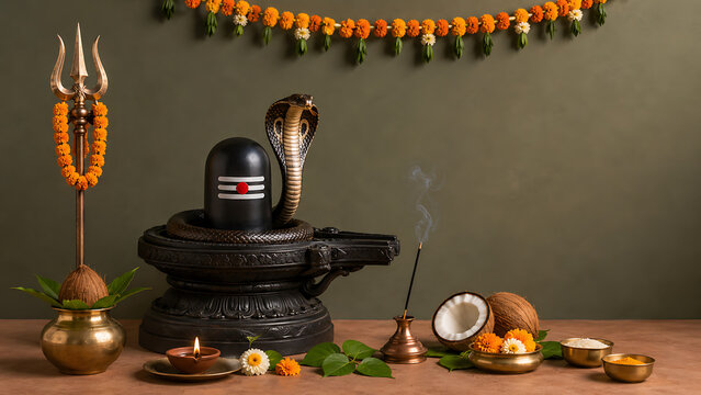 Holy religious setup showing smoking incense sticks beside traditional trident and cracked coconut honoring shiv lingam mahadev during auspicious nag panchami festival