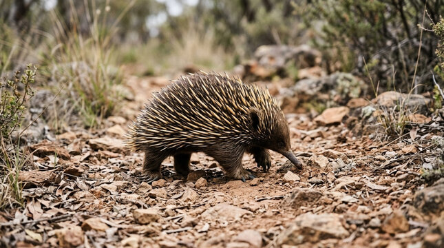 Short-beaked echidna walking on a dry rocky path in the Australian outback searching for food