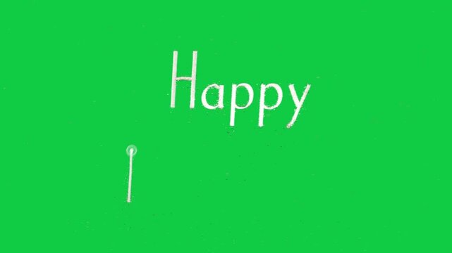 Dot arcing from top right, spraying powder and forming Happy New Year on transparent background