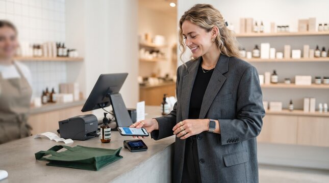 Smiling woman making a contactless smartphone payment at a minimalist beauty shop checkout counter