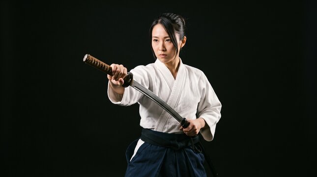 日本人女性の侍が刀を鞘から抜くところ