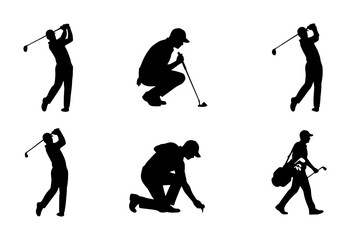 Naklejka premium 70 Golf Player Silhouettes, Diverse Actions: Swinging, Putting, Caddy Bag, Vector Icons for Sports and Recreation 100