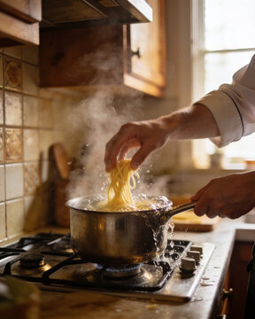 Chef's hands putting spaghetti into a pot with boiling water overflowing on a gas stove in a cozy kitchen. Italian pasta cooking process.
