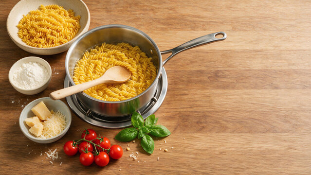 Fusilli pasta water boiling in a pot on stove with tomatoes, basil, and cheese on wooden countertop. Italian pasta cooking preparation.