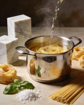 Hot water pouring into a stainless steel pot filled with spaghetti as steam rises. Italian pasta water boiling preparation with salt and basil.