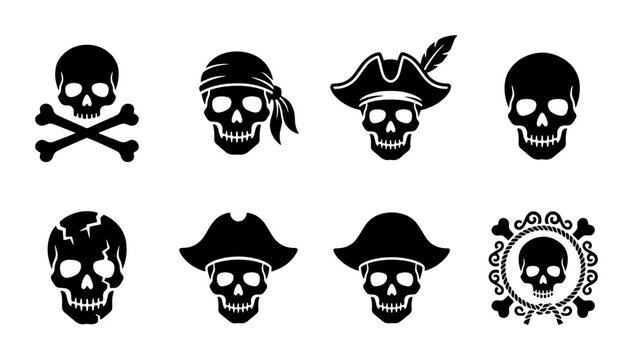 70 Pirate Skull Icons Set, Danger Symbol Vector Collection, Nautical Death Emblem Graphics, Halloween Horror Silhouette Elements 100