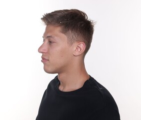 Naklejka premium Young man suffering from dandruff on white background