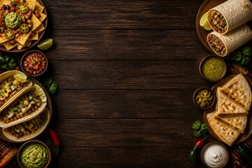 Fototapeta premium Mexican taco and wrap spread framing empty wooden table