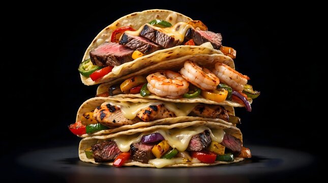 Layered Gourmet Tacos featuring Steak Shrimp and Chicken on Dark Background