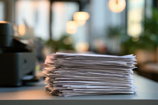 Stack of papers on desk with printer in office