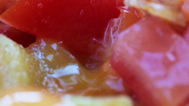 Extreme Macro Close Up of Vegetable Stew Simmering and Bubbling