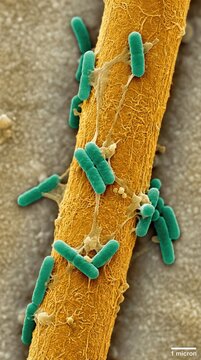 Rod shaped bacteria colonizing fungal hypha surface, demonstrating symbiotic hyphosphere microbiome interaction, underground soil mycelial networks, forming protective extracellular polymeric matrix.